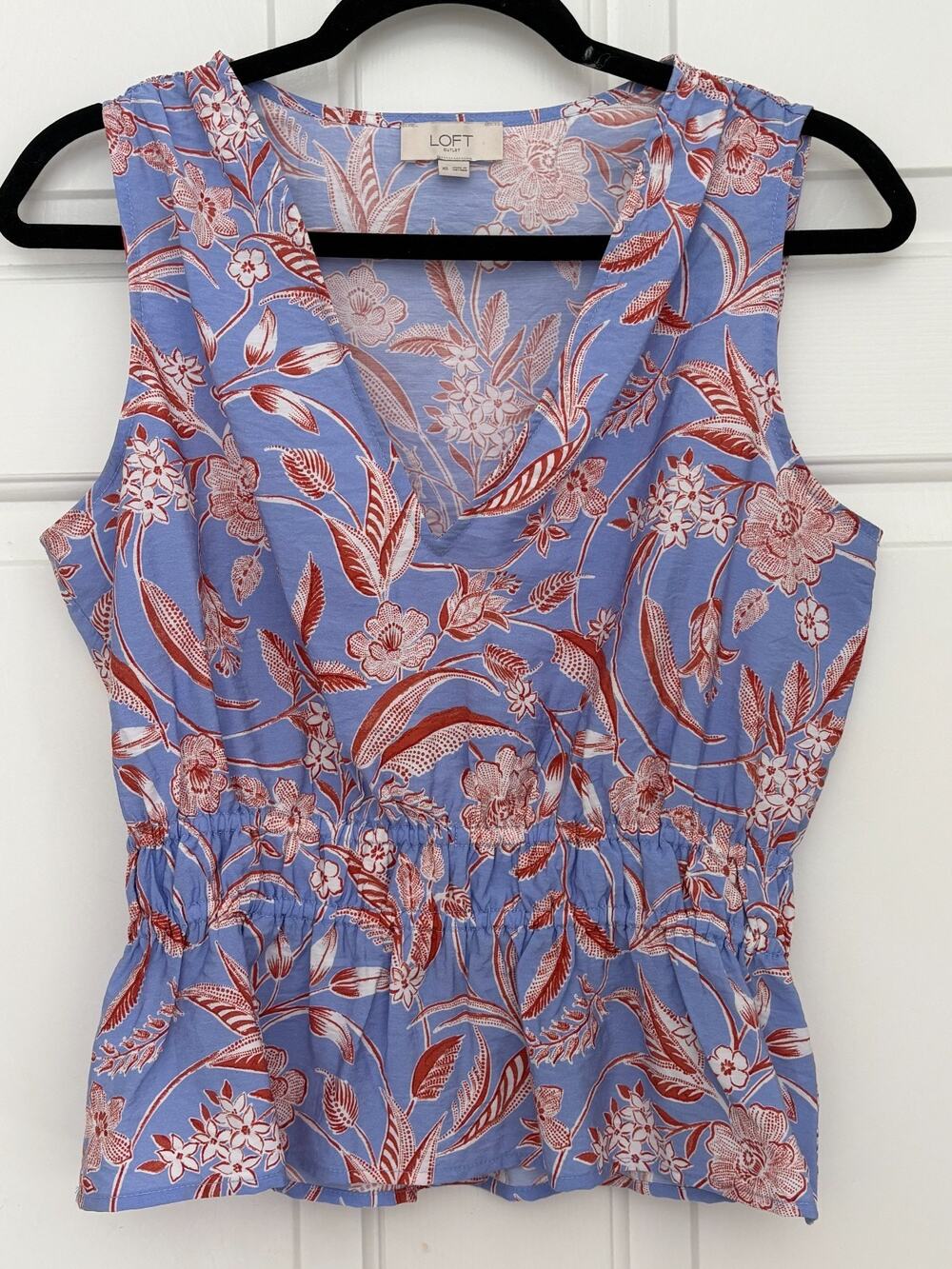 LOFT Sleeveless Smocked Waist Blouse V-Neck Blue Orange Floral Women's XS 0-4